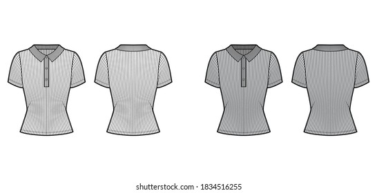 Ribbed cotton-jersey polo shirt technical fashion illustration with short sleeves, buttons along the front, slim fit. Flat top apparel template front, back, white grey color.