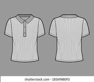 Ribbed cotton-jersey polo shirt technical fashion illustration with short sleeves, buttons along the front, oversized. Flat top apparel template front, back, white color. Women men unisex knit mockup