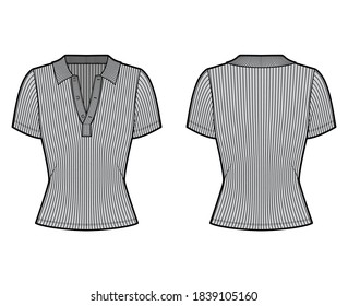 Ribbed cotton-jersey polo shirt technical fashion illustration with short sleeves, buttons along the front, slim fit. Flat top apparel template front, back grey color. Women men unisex knit CAD mockup