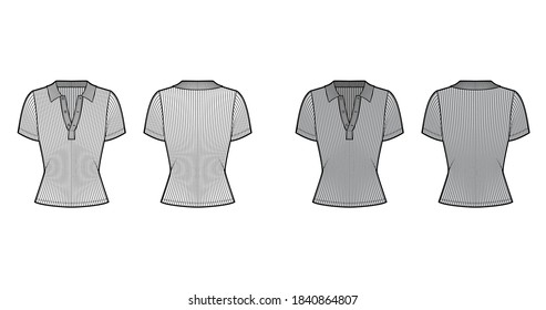 Ribbed cotton-jersey polo shirt technical fashion illustration with short sleeves, buttons along the front, slim fit. Flat top apparel template front, back, white grey color. Women 