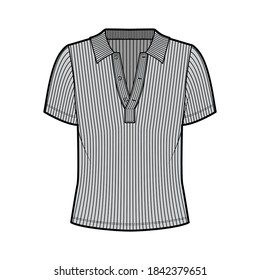 Ribbed cotton-jersey polo shirt technical fashion illustration with short sleeves, buttons along the front, oversized. Flat top apparel template front, grey color. Women men unisex knit CAD mockup