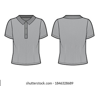 Ribbed cotton-jersey polo shirt technical fashion illustration with short sleeves, buttons along the front, oversized. Flat top apparel template front back grey color. Women men unisex knit CAD mockup