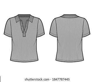 Ribbed cotton-jersey polo shirt technical fashion illustration with short sleeves, buttons along the front, oversized. Flat top apparel template front back grey color. Women men unisex knit CAD mockup