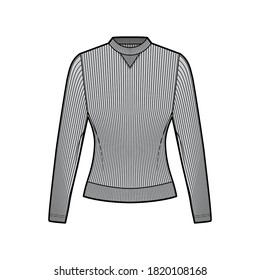 Ribbed cotton-jersey sweatshirt technical fashion illustration with long sleeves, fitted body, crew neck. Flat jumper apparel template front grey color. Women men unisex top knit CAD mockup