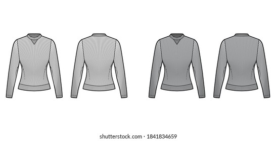 Ribbed cotton-jersey sweatshirt technical fashion illustration with long sleeves, fitted body, crew neck. Flat jumper apparel template front back white grey color. Women men unisex top knit CAD mockup
