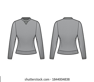 Ribbed cotton-jersey sweatshirt technical fashion illustration with long sleeves, fitted body, crew neck. Flat jumper apparel template front, back grey color. Women men unisex top knit CAD mockup