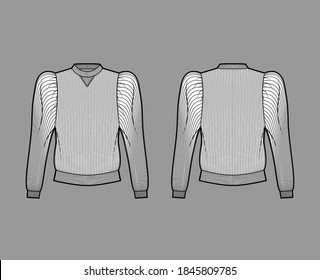 Ribbed cotton-jersey sweatshirt technical fashion illustration with gathered, puffy long sleeves, relaxed fit. Flat jumper apparel template front back white color. Women men unisex top knit CAD mockup