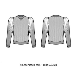 Ribbed cotton-jersey sweatshirt technical fashion illustration with gathered, puffy long sleeves, relaxed fit. Flat jumper apparel template front back white color. Women men unisex top knit CAD mockup