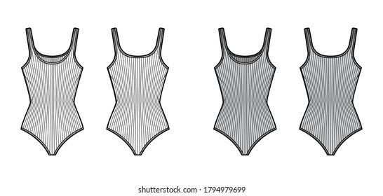 Ribbed cotton-jersey tank bodysuit technical fashion illustration with fitted knit body, sleeveless. Flat outwear cami apparel template front, back, white, grey color. Women men unisex top CAD mockup.