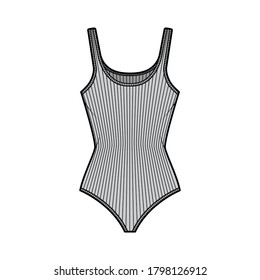 Ribbed cotton-jersey tank bodysuit technical fashion illustration with fitted knit body, sleeveless. Flat outwear cami apparel template front, grey color. Women men unisex top CAD mockup.