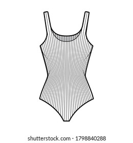 Ribbed cotton-jersey tank bodysuit technical fashion illustration with fitted knit body, sleeveless. Flat outwear cami apparel template front, white color. Women men unisex top CAD mockup.