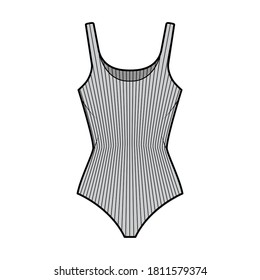 Ribbed cotton-jersey tank bodysuit technical fashion illustration with fitted knit body, sleeveless. Flat outwear cami apparel template front, grey color. Women men unisex top CAD mockup.