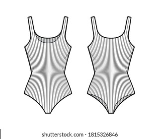 Ribbed cotton-jersey tank bodysuit technical fashion illustration with fitted knit body, sleeveless. Flat outwear cami apparel template front, back, white color. Women men unisex top CAD mockup.