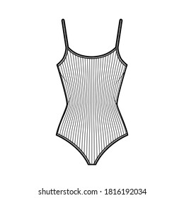 Ribbed cotton-jersey tank bodysuit technical fashion illustration with fitted knit body, sleeveless. Flat outwear cami apparel template front, white color. Women men unisex top CAD mockup.