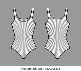 Ribbed cotton-jersey tank bodysuit technical fashion illustration with fitted knit body, sleeveless. Flat outwear cami apparel template front, back, white color. Women men unisex top CAD mockup.