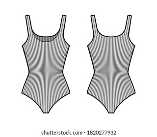 Ribbed cotton-jersey tank bodysuit technical fashion illustration with fitted knit body, sleeveless. Flat outwear cami apparel template front, back, grey color. Women men unisex top CAD mockup.