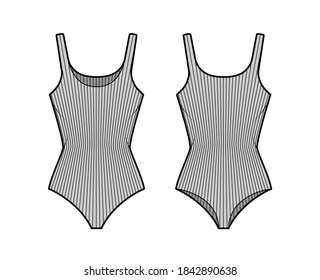 Ribbed cotton-jersey tank bodysuit technical fashion illustration with fitted knit body, sleeveless. Flat outwear cami apparel template front, back, grey color. Women men unisex top CAD mockup.