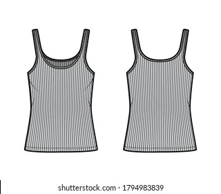 Ilustración técnica del tanque de algodón-jersey de cinta con cuello de cuchara, punto de ajuste relajado, longitud túnica. Ropa plana de ropa de camisola plantilla de ropa de camisol color de fondo gris delantero. Mujeres hombres unisex camiseta superior CAD