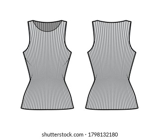 Ribbed cotton-jersey tank technical fashion illustration with slim fit, elongated hem, crew neckline. Flat outwear top apparel template front, back grey color. Women, men unisex shirt knit CAD mockup