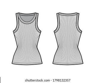 Ribbed cotton-jersey tank technical fashion illustration with wide scoop neck, fitted knit body, tunic length. Flat outwear camisole apparel template front back white color. Women men unisex shirt top