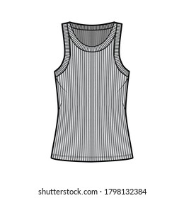 Ribbed cotton-jersey tank technical fashion illustration with wide scoop neck, relax fit knit, tunic length. Flat outwear camisole apparel template front grey color. Women men unisex shirt top CAD