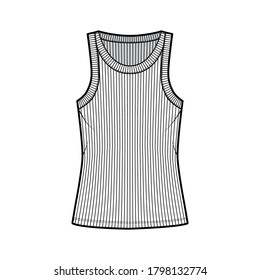 Ribbed cotton-jersey tank technical fashion illustration with wide scoop neck, relax fit knit, tunic length. Flat outwear camisole apparel template front white color. Women men unisex shirt top CAD