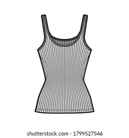 Ribbed cotton-jersey tank technical fashion illustration with scoop neck, close fit knit, tunic length. Flat outwear camisole apparel template front grey color. Women men unisex shirt top CAD mockup