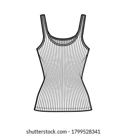 Ribbed cotton-jersey tank technical fashion illustration with scoop neck, close fit knit, tunic length. Flat outwear camisole apparel template front white color. Women men unisex shirt top CAD mockup