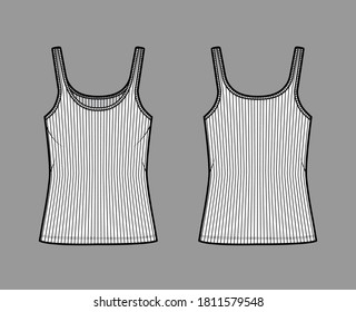 Ribbed cotton-jersey tank technical fashion illustration with scoop neck, relaxed fit knit, tunic length. Flat outwear camisole apparel template front back white color. Women men unisex shirt top CAD