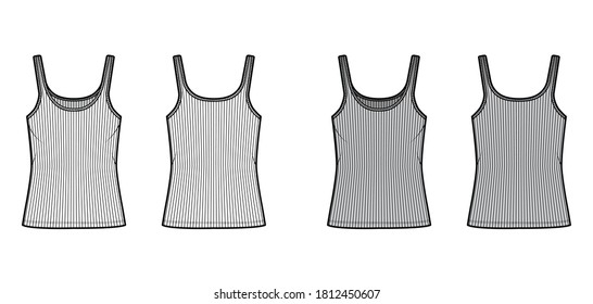 Ribbed cotton-jersey tank technical fashion illustration with scoop neck, relaxed fit knit. Flat outwear camisole apparel template front back white grey color. Women men unisex shirt top CAD mockup