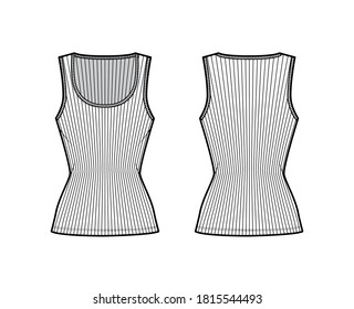 Ilustración técnica de la moda del tanque de algodón con cinta adhesiva de algodón ancho, punto de ajuste cerrado, longitud túnica. Ropa plana de ropa de camisola plantilla de ropa delantera color blanco trasero delantero. Mujeres hombres unisex camiseta superior