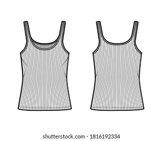 Ilustración técnica del tanque de algodón-jersey de cinta con cuello de cuchara, punto de ajuste relajado, longitud túnica. Ropa plana de ropa de camisola plantilla de ropa delantera color blanco trasero delantero. Mujeres hombres unisex camiseta superior CAD