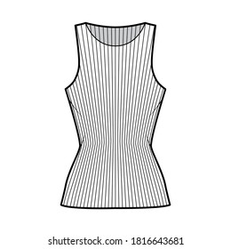 Ribbed cotton-jersey tank technical fashion illustration with slim fit, elongated hem, crew neckline. Flat outwear top apparel template front, white color. Women, men unisex shirt knit mockup