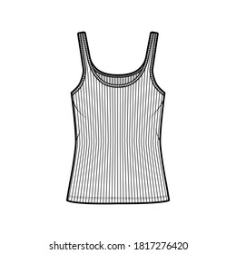 Ilustración técnica del tanque de algodón-jersey de cinta con cuello de cuchara, punto de ajuste relajado, longitud túnica. Ropa plana de la plantilla de ropa de camisol color blanco delantero. Mochila superior de camiseta para mujeres