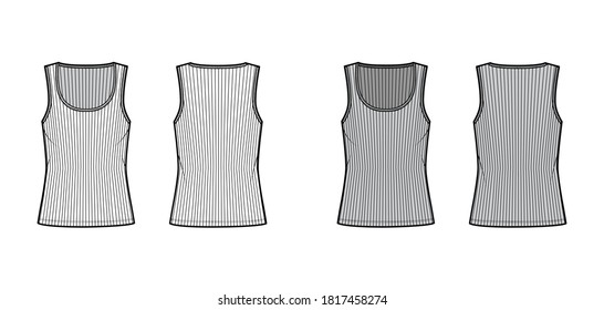 Ribbed cotton-jersey tank technical fashion illustration with wide scoop neck, relax fit knit, tunic length. Flat outwear camisole template front back white grey color. Women men unisex shirt top CAD