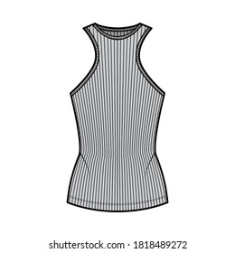 Ribbed cotton-jersey tank technical fashion illustration with racer-back straps, slim fit, crew neckline. Flat outwear top apparel template front, grey color. Women, men unisex shirt knit CAD mockup