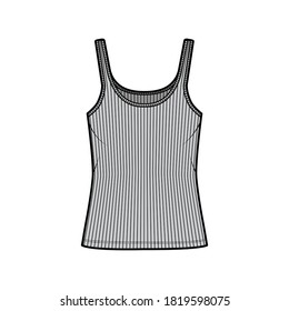 Ilustración técnica del tanque de algodón-jersey de cinta con cuello de cuchara, punto de ajuste relajado, longitud túnica. Ropa plana de ropa de camisola plantilla color gris delantero. Mujeres hombres unisex camiseta top CAD mockup