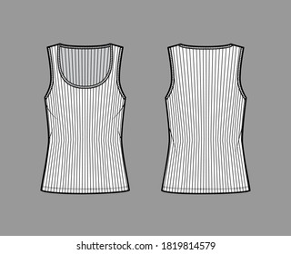 Ilustración técnica del tanque de algodón-jersey de lazo con cuello amplio de la cuchara, punto de ajuste relajante, longitud túnica. Ropa plana de ropa de camisola plantilla de ropa delantera color blanco trasero delantero. Mujeres hombres unisex camiseta superior