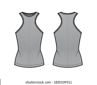 Ribbed cotton-jersey tank technical fashion illustration with racer-back straps, slim fit, crew neckline. Flat outwear top apparel template front, back grey color. Women, men unisex shirt knit mockup