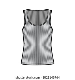 Ribbed cotton-jersey tank technical fashion illustration with wide scoop neck, relax fit knit, tunic length. Flat outwear camisole apparel template front grey color. Women men unisex shirt top CAD