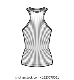 Ribbed cotton-jersey tank technical fashion illustration with racer-back straps, slim fit, crew neckline. Flat outwear top apparel template front, white color. Women, men unisex shirt knit CAD mockup