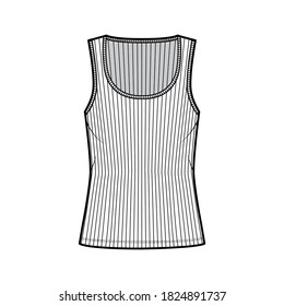 Ribbed cotton-jersey tank technical fashion illustration with wide scoop neck, relax fit knit, tunic length. Flat outwear camisole apparel template front white color. 