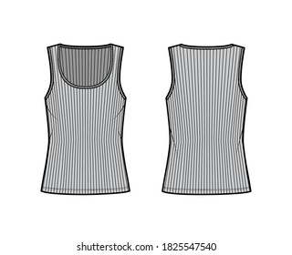 Ilustración técnica del tanque de algodón-jersey de lazo con cuello amplio de la cuchara, punto de ajuste relajante, longitud túnica. Ropa plana de ropa de camisola plantilla de ropa de camisol color de fondo gris delantero. Mujeres hombres unisex camiseta superior