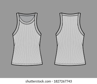 Ilustración técnica del tanque de algodón-jersey de lazo con cuello amplio de la cuchara, punto de ajuste relajante, longitud túnica. Ropa plana de ropa de camisola plantilla de ropa delantera color blanco trasero delantero. Mujeres hombres unisex camiseta superior