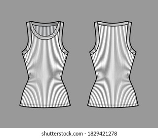 Ribbed cotton-jersey tank technical fashion illustration with wide scoop neck, fitted knit body, tunic length. Flat outwear camisole apparel template front back white color. Women men unisex shirt top