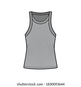 Ribbed cotton-jersey tank technical fashion illustration with wide scoop neck, relax fit knit, tunic length. Flat outwear camisole apparel template front grey color. Women men unisex shirt top CAD