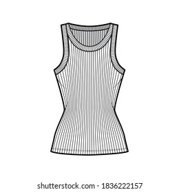 Ribbed cotton-jersey tank technical fashion illustration with wide scoop neck, fitted knit body, tunic length. Flat outwear camisole apparel template front white color. Women men unisex shirt top CAD