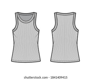 Ribbed cotton-jersey tank technical fashion illustration with wide scoop neck, relax fit knit, tunic length. Flat outwear camisole apparel template front back white color. Women men unisex shirt top