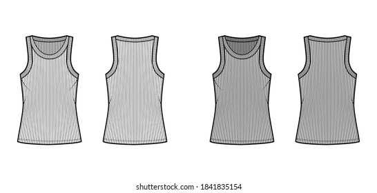 Ribbed cotton-jersey tank technical fashion illustration with wide scoop neck, relax fit knit, tunic length. Flat camisole apparel template front back white grey color. Women men unisex shirt top CAD