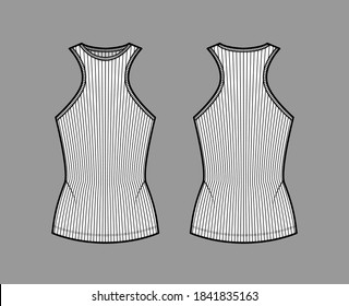 Ribbed cotton-jersey tank technical fashion illustration with racer-back straps, slim fit, crew neckline. Flat outwear top apparel template front, back, white color. Women, men unisex shirt knit CAD